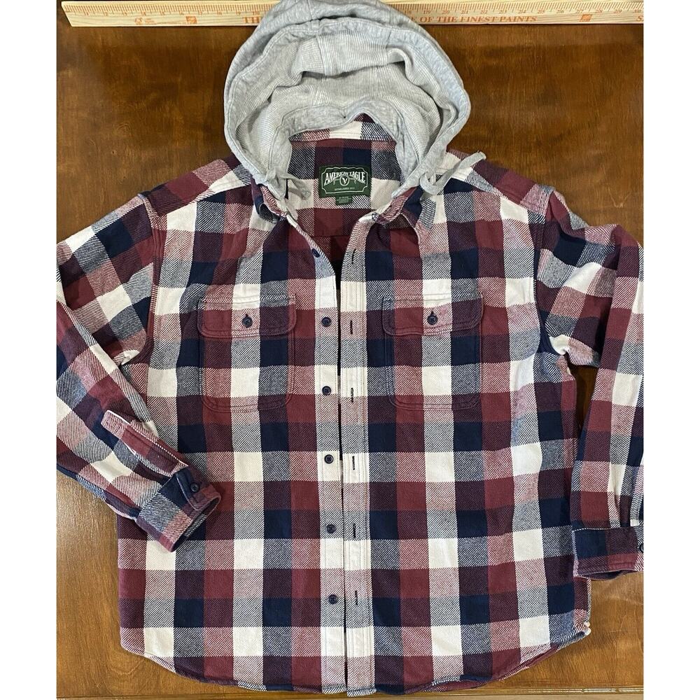 AMERICAN EAGLE Removable Hoodie Patchwork Plaid Flannel Shirt Jacket Men Size XL